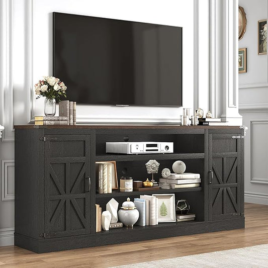 Hlivelood 75" Farmhouse TV Stand with Power Outlets for 85 Inch TVs, 33" Tall Entertainment Center with Storage Cabinets w/Adjustable Shelves, Rustic Large TV Media Console, Black by Hlivelood