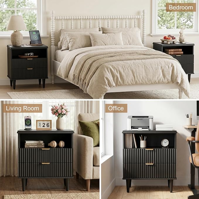 Black Nightstand with Charging Station for Bedroom, Fluted Wooden Bedside Table with 2 Drawers, Open Storage, Gold Metal Handles, Modern End Table Set 1 - Image 7