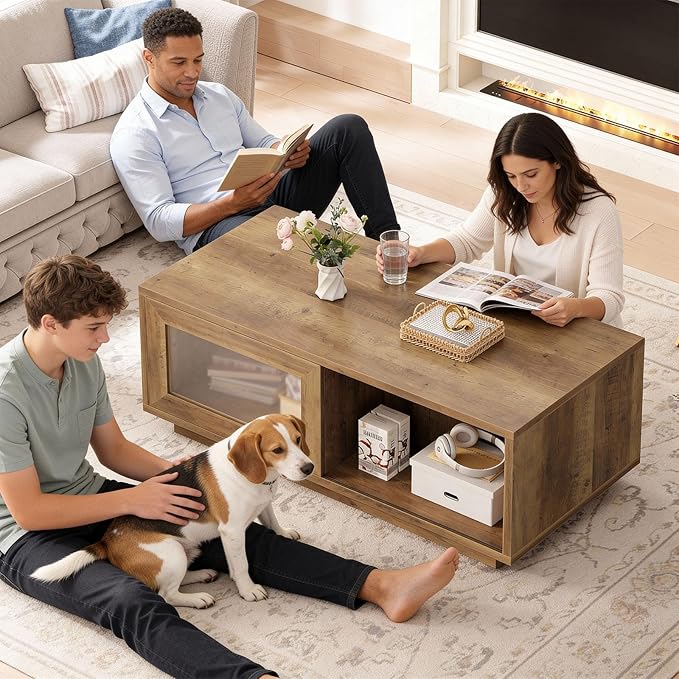 HSH Rustic Coffee Table with Storage, Low Coffee Table for Living Room, Long Rectangle Wood Coffee Tables,Farmhouse Large Center Tables with Sliding Door, Rustic Oak, 47 Inch