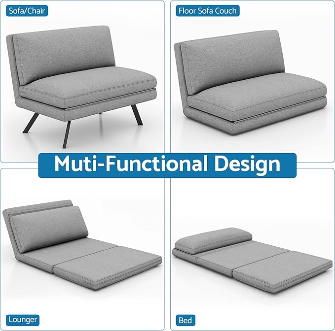 LIFERECORD Convertible Futon Sofa Bed 4 in 1 Multi-Function Modern Mini Single Floor Sleeper Chair with Adjustable Backrest for Living, Small Room Apartment, Dorm, Grey