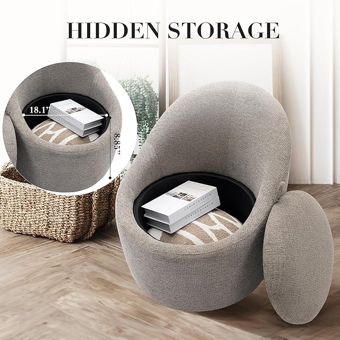 COLAMY Swivel Accent Chair, 360° Swivel Chair with Hidden Storage, Modern Small Barrel Swivel Armchair for Living Room/Bedroom, Light Grey