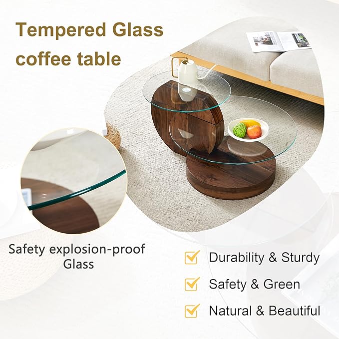 35.4" Glass Coffee Table, Round Coffee Table, 2-Tier Tempered Glass Tabletop with Walnut Base, Modern Center Table for Living Room, Home, Apartment, Ideal for Small Space