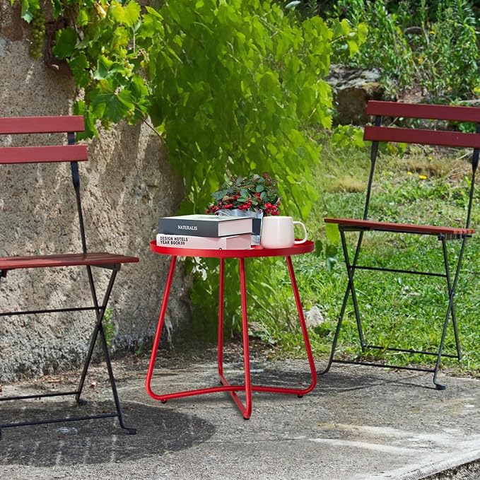 danpinera Outdoor Side Tables, Weather Resistant Steel Patio Side Table, Small Round Outdoor End Table Metal Side Table for Patio Yard Balcony Garden Bedside (Red) - Image 6