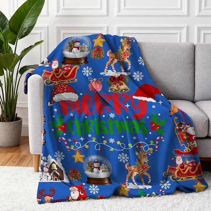 COMFAR Blue Cute Christmas Blankets and Throws for Adults/Women/Boys/Kids, Holiday Fleece Throw Blanket for Couch/Sofa, Holiday Decor, Christmas Decorations/Gifts 40"x 60"