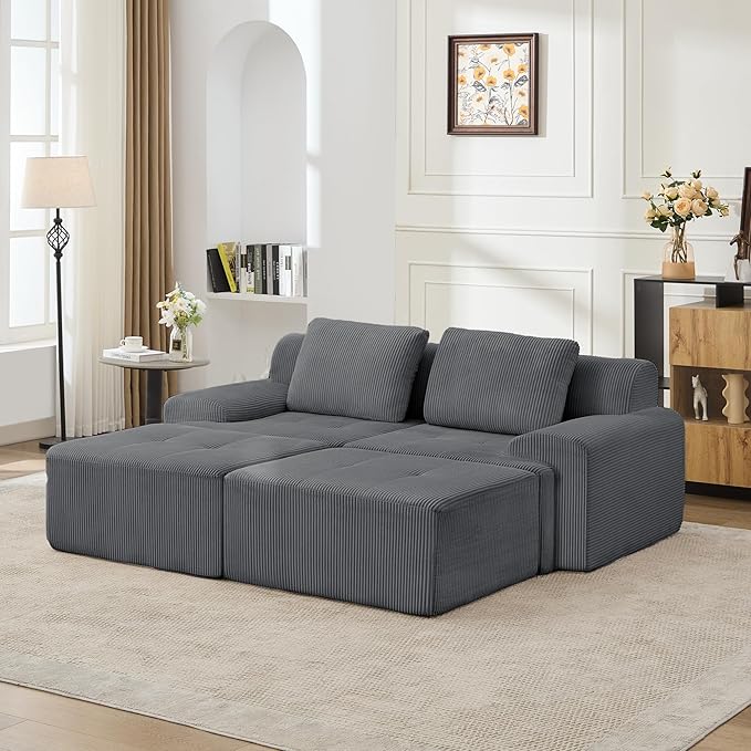 KIGOTY Modular Sectional Sofa, 4 PCS Comfy Cloud Sectional Couch with Deep Seat, Sleeper Sofa Bed with Ottoman, Modern Boneless Couch for Living Room, No Assembly Required,Grey