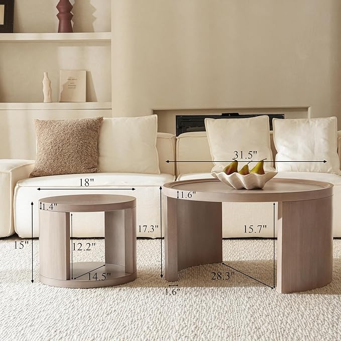 Round Nesting Coffee Table Set of 2, Gray Coffee Table, 31.5" Large & 18" Small Low Tables with Wood Top, Center Table for Living Room, Bedroom, Minimalist Center Table Set