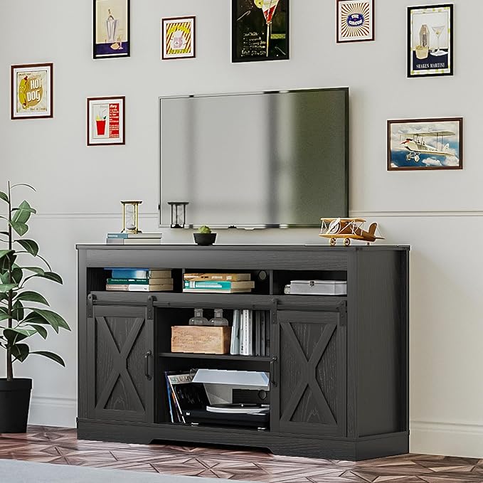RoyalCraft Farmhouse TV Stand with Sliding Barn Door for TVs up to 65+ Inch, 34" Tall Entertainment Center, Wood Media Console Storage Cabinet for Bedroom, Living Room, Black by Bringyoubetterlife