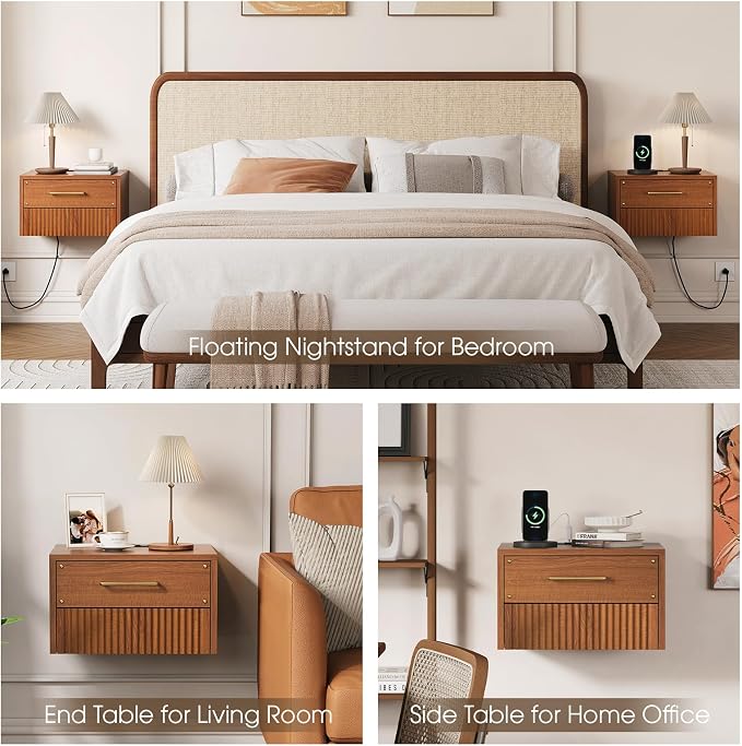 JOINICE Floating Nightstand Set of 2, Mid Century Modern Wall Mounted Bedside Table with Charging Station, Fluted End Table with Storage Drawers for Bedroom, Home Small Space, Cherry, 2 PCS - Image 5