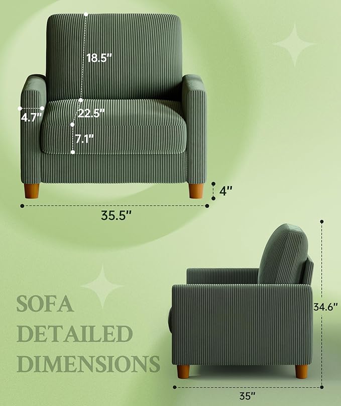 35.3" Couches for Living Room, Comfy Green Couch Single with 22.5" Deeper Seat, Accent Chair Tool-Free Setup, Reading Chair 440lbs Support, Corduroy Couch for Bedroom, Apartment, Office