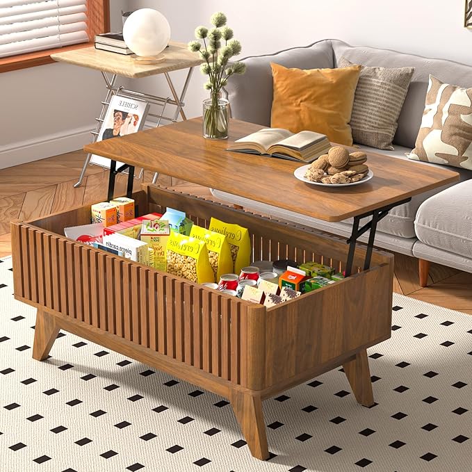 Lift Top Coffee Table with Hidden Compartment, Mid Century Modern Coffee Table for Living Room, Fluted Design Farmhouse Center Table with Storage (Walnut, 35.4" W)