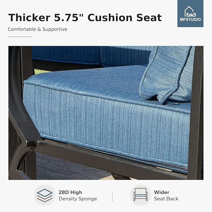 MFSTUDIO 7 Pieces Metal Patio Furniture Sets, 2 Swivel Chairs, 3-Seat Deep Seating Sofa, 2 Single Couch and 2 Ottoman, All Weather 9 Seats Outdoor Conversation Set for Garden Backyard, Peacock Blue