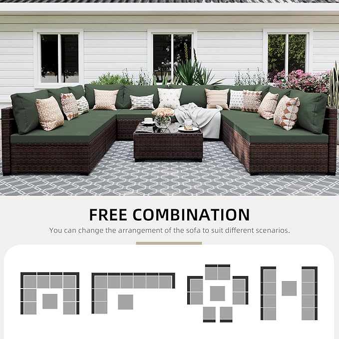 UPHA 9 Pieces Patio Furniture Sets, Wicker Outdoor Sectional Sofa Couch with Coffee Table, Patio Conversation Set for Deck Backyard Garden, Brown Rattan, Pine Green Cushion