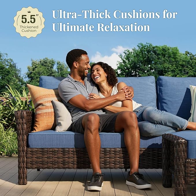 8-Piece Wicker Patio Furniture Set with Swivel Chairs, High Back Outdoor Furniture with 57'' Fire Pit Table, All-Weather Wicker Patio Conversation Set for Deck Yard Pool, Navy Blue