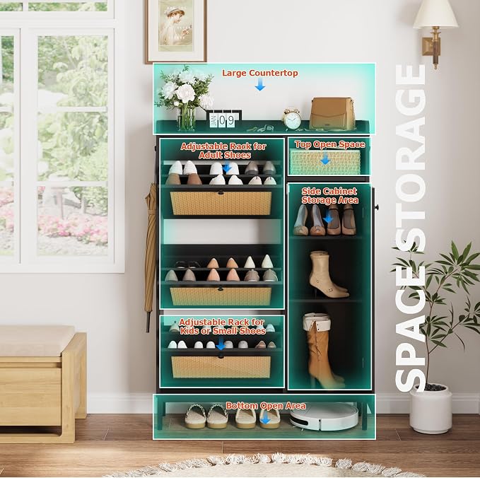 GarveeHome Shoe Cabinet Rattan with 3 Flip Drawers and 4-Tier Shoe Storage Cabinet, Freestanding Shoe Organizer with Adjustable Shelves for Entryway, Closet, Hallway (Black) - Image 4