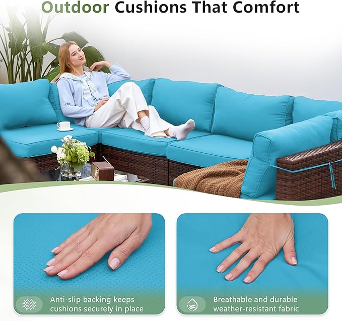 Amopatio Patio Furniture Sets with Waterproof Cover 7 Pieces Patio Conversation Set Outdoor Sectional Wicker Rattan Sofa,Patio Furniture with Pillows Fits Porch Garden Backyard Balcony(Sky-Blue)