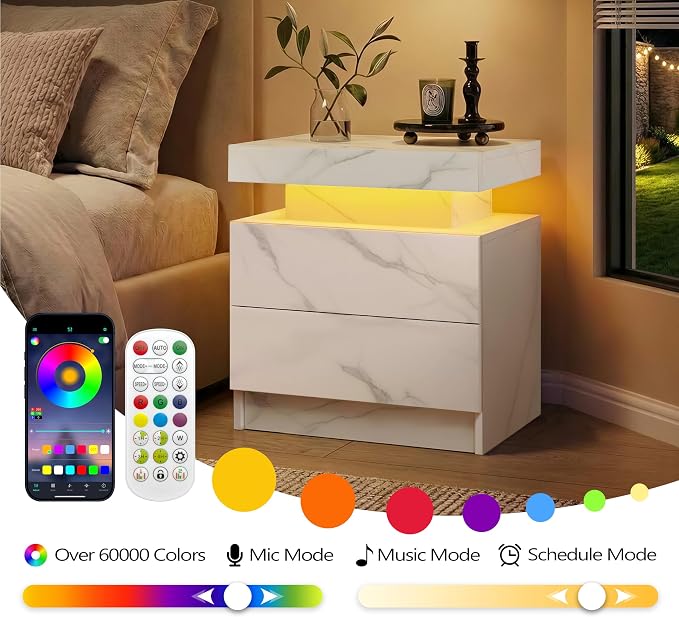 i-aplus Night Stand with 2 Drawers LED Night Stand for Bedroom Modern Bedside Table Bedroom Nightstand - Image 6