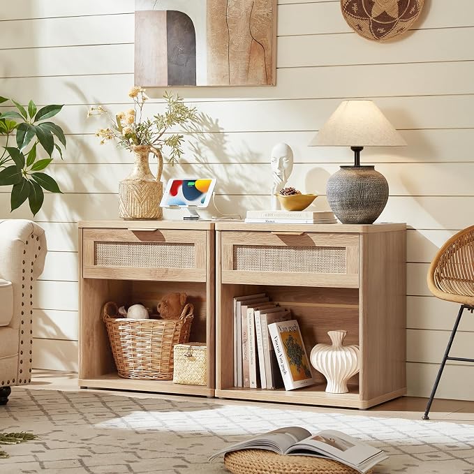 LEYAOYAO Rattan Nightstands Set of 2 with Charging Station, 23" Wide Boho Night Stand with Drawer, Natural Wood Bedside Table Open Cabinet, Bed Side End Table Dresser for Bedroom, Living Room, Hallway - Image 8