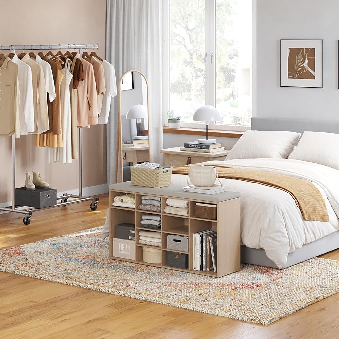 DINZI LVJ Shoe Storage Bench with Cushion, 16-Cubby Shoe Rack, Adjustable Shelves, 40.9" Long Shoe Organizer Bench for Entryway, Mudroom, Hallway, Garage, Natural and Cappuccino Beige - Image 6