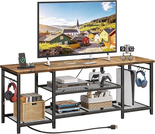 YGEOMER TV Stand for Up to 65 Inch TVs, Entertainment Center with Power Outlet and Open Storage Shelves, TV Media Console Table for Living Room and Bedroom, Rustic Brown by YGEOMER