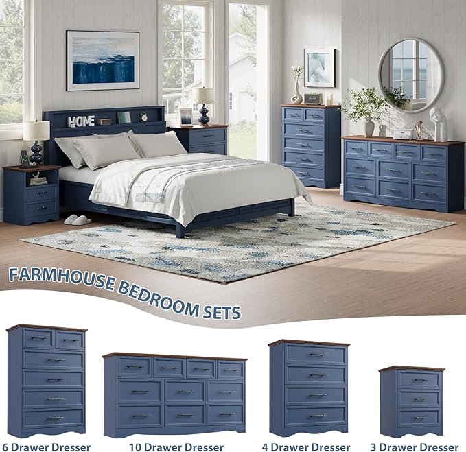 Bedroom Set, 3 Pieces Bedroom Furniture Set, Wood 6 Drawer Dresser and Nightstands with Charging Station, Farmhouse Storage Organizer Cabinet for Bedroom, Blue