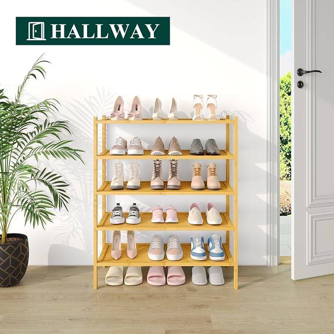 Smiry Bamboo Shoe Rack, 5 Tier Shoe Organizer for Entryway & Closet, Stackable Free Standing Storage Shelf for Shoes, Bags & Plants, Natural - Image 4