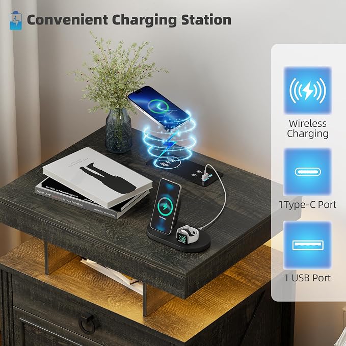 Nightstand Set 2 with Gun Drawer,LED Bedside Table with Charging Station,Night Stand with Human Sensor Design and 3 Open Shelves, Modern End Tables Bedroom, Brown - Image 5