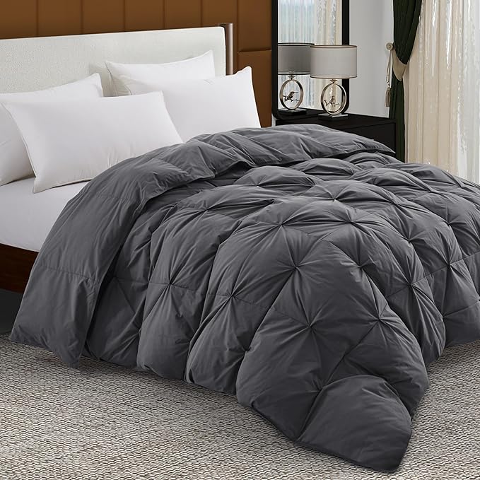 Pinch Pleat Goose Feather Down Fiber Comforters Queen Size, Grey 100% Cotton Duvet Insert, Fluffy Medium Warmth Bedding Comforter with Corner Loops (Grey, 90 x 90 Inch)