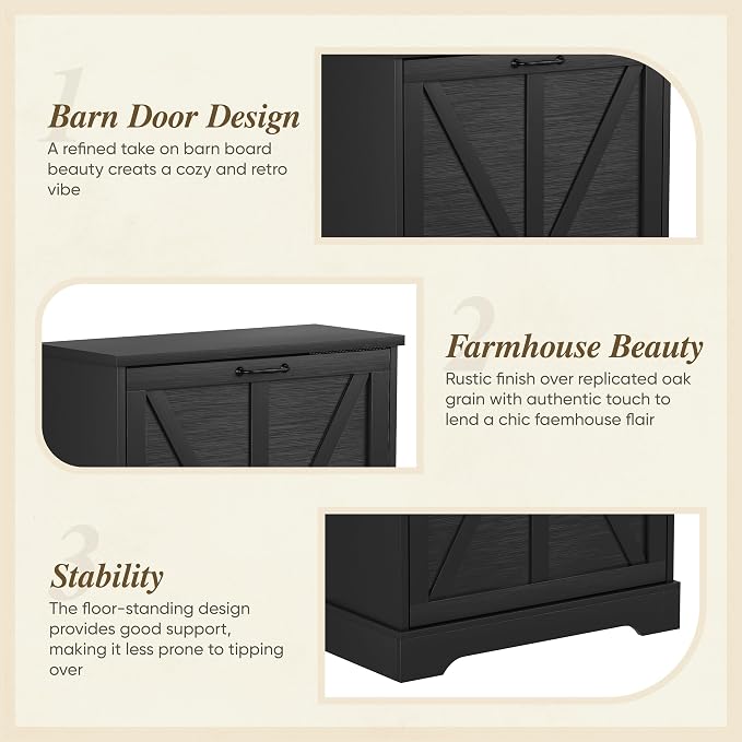 Semiocthome Farmhouse Shoe Storage Cabinet with 2 Flip Drawers, 23.6"(W) Freestanding Shoe Organizer with Barn Door and Metal Handles for Entryway, Corner Rustic Narrow Shoe Rack Cabinet - Black - Image 8