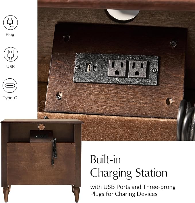 HULALA HOME Farmhouse Storage End Table Set of 2 with Spindle Columns, 2 Drawers and Open Shelf Side Table, Solid Wood Fluted Side Table with Charging Station, Walnut - Image 5