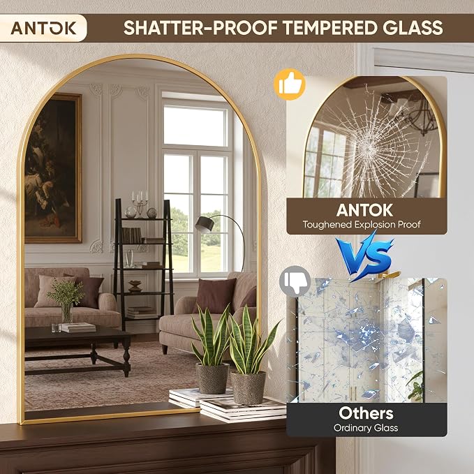 Antok Arched Bathroom Mirror, 30"x40" Wall Mounted Mirror, Vanity Mirrors for Over Sink, Aluminum Alloy Frame Bathroom Mirrors Living Room, Bedroom and Entryway, Gold - Image 7