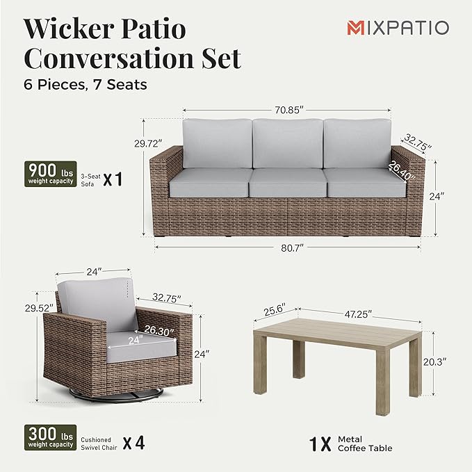 Patio Furniture Set, 6 Pieces Patio Conversation Set, Wicker Patio Furniture with 4 Swivel Chairs and 47'' Coffee Table, High Back Outdoor Conversation Set for Garden Backyard, Grey