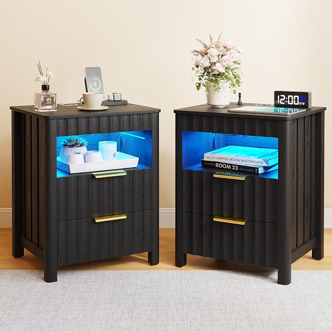 Dystler Fluted Night Stand Set of 2 with LED Light, Nightstand with Charging Station and Gun Drawer, Modern Bedside Table with Human Sensort and Storage Shelf for Bedroom, Black by CraftYourIdealHomeLife