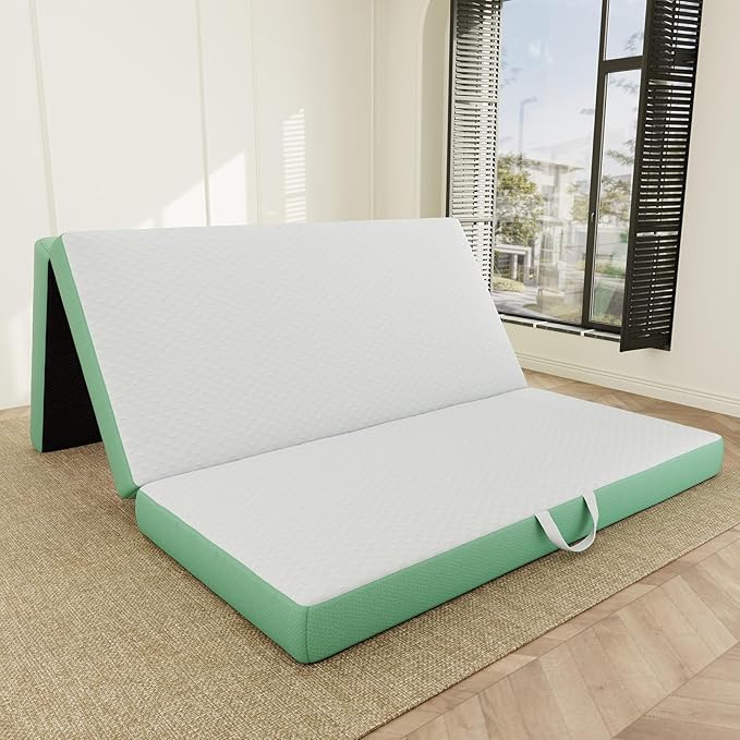 ROXGOX Memory Foam Trifold Mattress, Full Portable Floor Bed 4 Inch, Foldable Mat with Washable Cover, Handle & Non-Slip Bottom, for RV, Travel, Camping, Yoga, 73"x52"x4", White Green