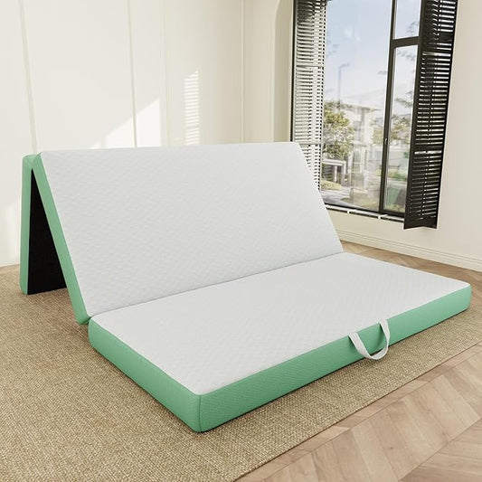 ROXGOX Memory Foam Trifold Mattress, Full Portable Floor Bed 4 Inch, Foldable Mat with Washable Cover, Handle & Non-Slip Bottom, for RV, Travel, Camping, Yoga, 73"x52"x4", White Green