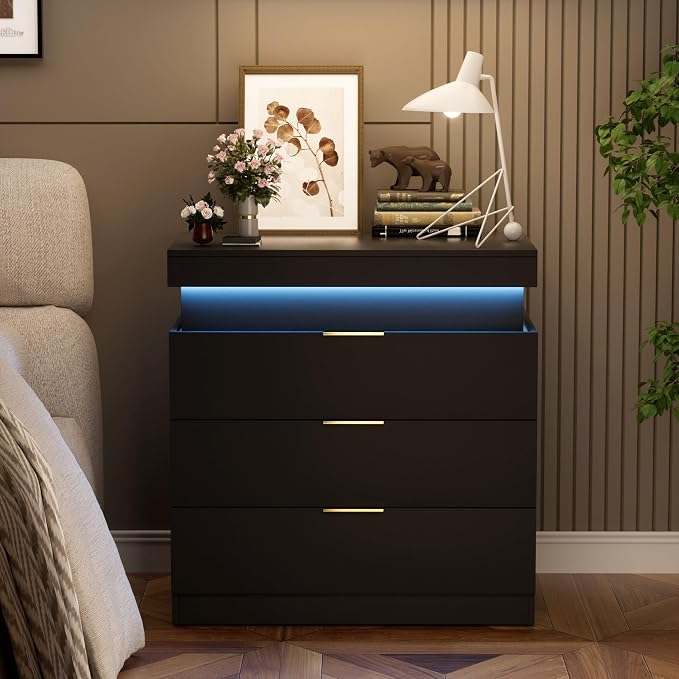 Black Nightstand with Charging Station and LED Lights,30.5 Inch Tall Night Stand with Sliding Top for Bedroom, Bedside Table with 3 Drawers, Modern End Side Table for Living Room - Image 3