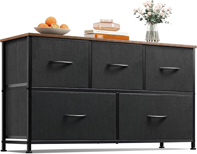 WLIVE Dresser for Bedroom with 5 Drawers, Wide Chest of Drawers, Fabric Dresser, Storage Organizer Unit with Fabric Bins for Closet, Living Room, Hallway, Black and Rustic Brown by WLIVE