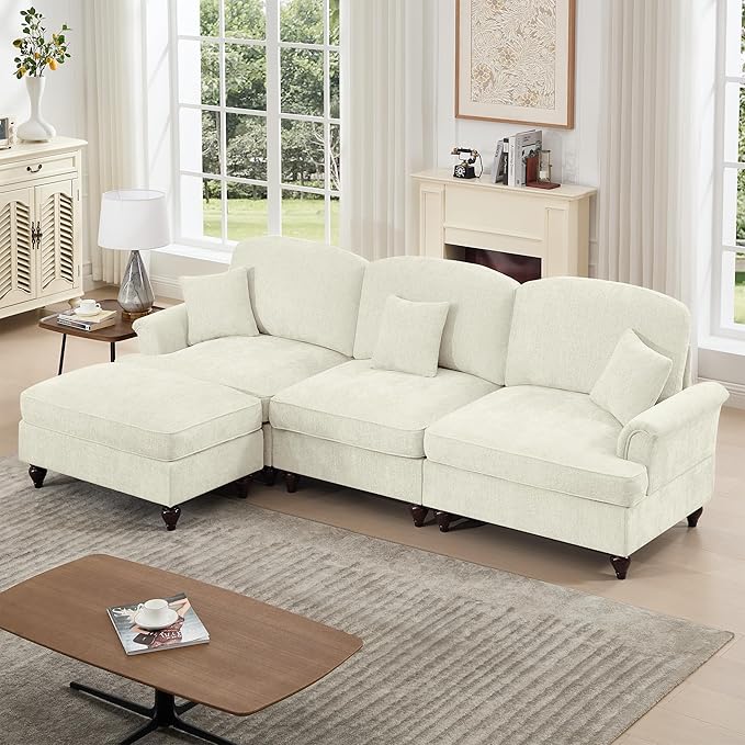 KEIKI Mid Century Modular Sofa with Flared Arms and Skirted Design, 107” Oversized 3-Seater with Ottoman Chenille L-Shaped Sectional Couches for Living Room, Chaise Lounge Indoor, Beige White