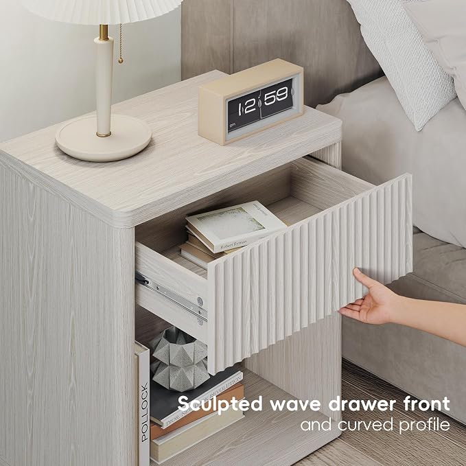 LubanNese Fluted Nightstand with Drawer, Modern Night Stand, Bed Side Table with Storage, End Table Large Wide Bedside Stand, Mid Century Night Stands for Bedroom Living Room, Oatmeal Ash - Image 4