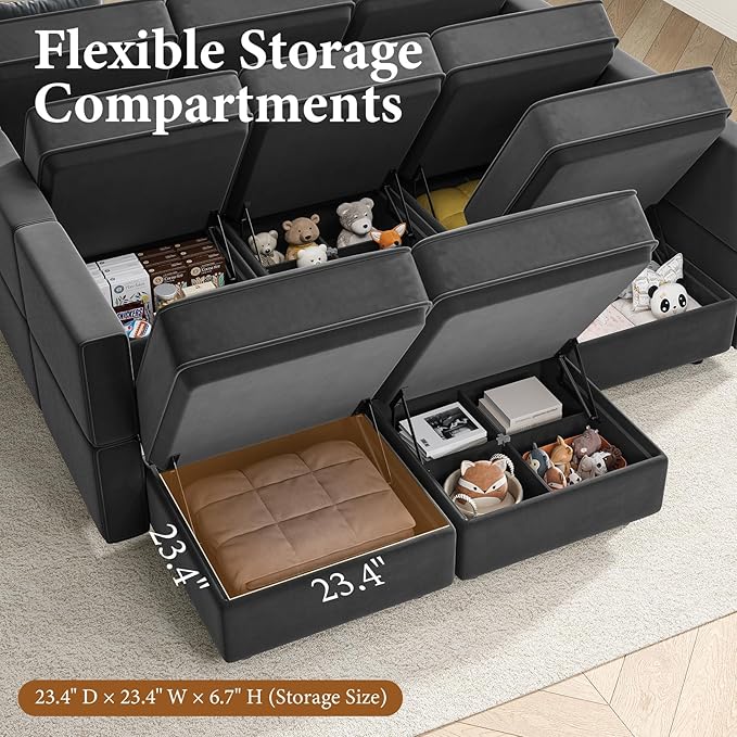 Vesgantti Sectional Couches with Storage Seats, 118" L Shaped Convertible Modular Sectional Sofa, 4 Seat & 1 Ottoman Velvet Storage Chaises Deep Seat Couch for Living Room, Bedroom, Apartment, Gray