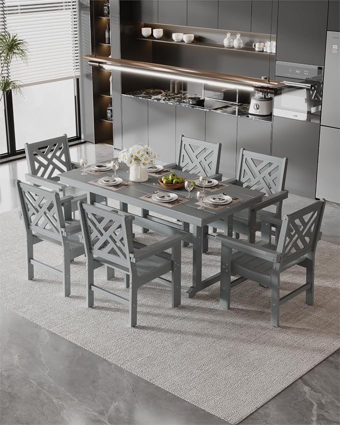 7-Piece Outdoor Dining Set, HDPE All-Weather Patio Table and Chairs Set for 6, Outdoor Patio Furniture Sets with Umbrella Hole for Outside, Deck, Backyard, Garden (Grey) - Image 8
