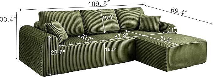 109-Inch L-Shaped Right Facing Boneless Corner Sofa 2 PCS Modular Sectional Cloud Sofa Couch with Chaise Lounge and Toss Pillow, Corduroy Boneless L-Shaped Couches