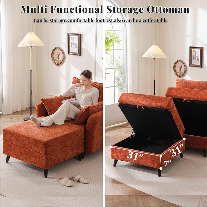 Rexulqo Oversized Accent Chair with Ottoman,All Seats Storage,Comfy Armchair,24.5'' Deep Seat,Upholstered Living Room Chairs,Reading Chair,Lounge Chair for Bedroom,Office,Chenille,Orange