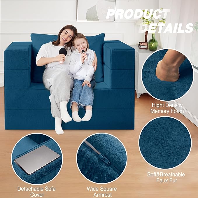 Futon Sofa Bed with Pillow, 3-in-1 Sleeper Sofa Bed with Removable Cover, Convertible Floor Sofa Bed, No Assembly Boneless Couch for Living Room, Bedroom