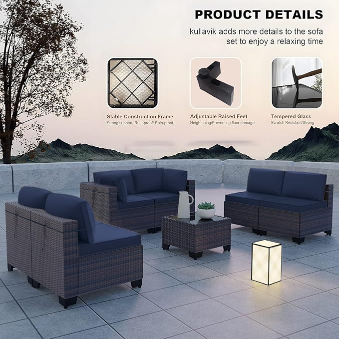 Kullavik 12PCS Outdoor Patio Furniture Set,PE Wicker Rattan Sectional Sofa Patio Conversation Sets with Tempered Glass Table,Swivel Rocking Chairs Set,Navy Blue