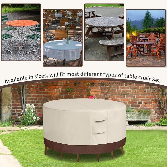 Round Waterproof Outdoor Covers Patio Furniture Covers 600D Heavy Duty Oxford UV Resistant Anti-Fading Patio Table Cover 110"DIA X 28"H (Beige & Brown) - Image 7