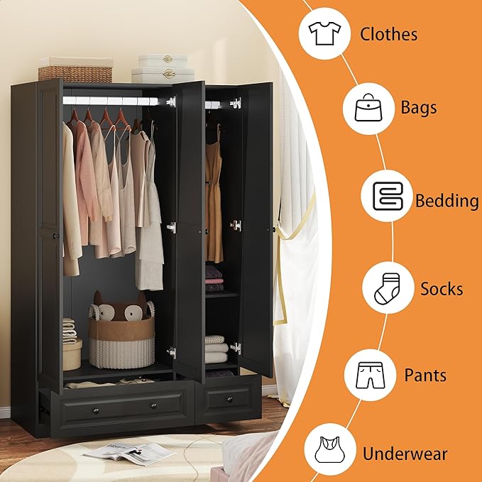 Armoire Wardrobe Closet with Drawers: 74" Black Wardrobe Closet with 3 Doors, Bedroom Armoires with 2 Drawers, Wood Closets Cabinet for Hanging Clothes (Black, 47")