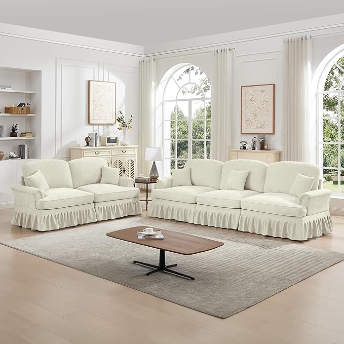 KEIKI Mid Century Modular Sofa with Flared Arms and Skirted Design, 107” Oversized 3-Seater Loveseat Chenille Sectional Couches Set for Living Room Decor,Big Comfy Couch Indoor, Beige White