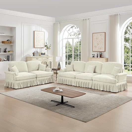 KEIKI Mid Century Modular Sofa with Flared Arms and Skirted Design, 107” Oversized 3-Seater Loveseat Chenille Sectional Couches Set for Living Room Decor,Big Comfy Couch Indoor, Beige White