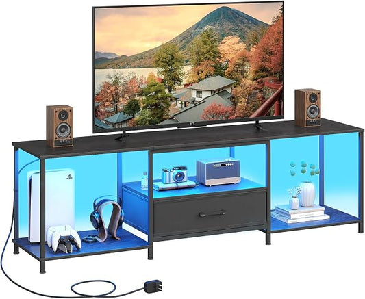 JARHETUN TV Stand with LED Lights, Entertainment Center with Open Shelves and Fabric Drawer, Media Console for 75 Inch TV, Television Stands for Living Room, Bedroom, Black by JARHETUN