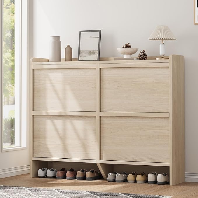 GarveeHome Shoe Cabinet with 4 Flip Drawers, Wooden Shoe Organizer Cabinet with Adjustable Shelf, Shoe Storage for Entryway, Hidden Shoe Cabinet for Hallway, Living Room, Natural Oak by GarveeHome